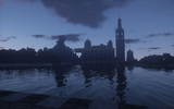 A rendering of a fortified city, built on a lake.
